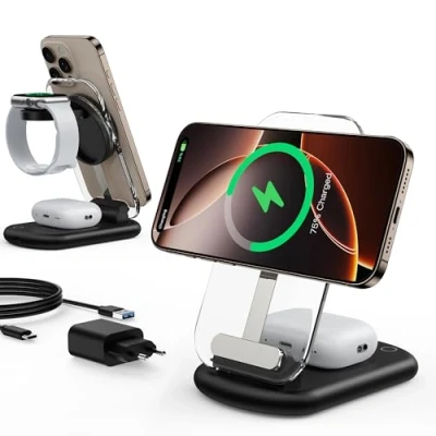 Abbildung von Induktive Ladestation, Ladegerät, 3 in 1 SafLadestation Kompatibel mit iPhone 16/15/14, 15W Wireless Charger faltbar einstellbar für Apple Watch10/9,Airpods 3/2/Pro,Tief Schwarz