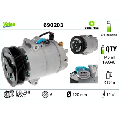 Abbildung von VALEO 690203 Kompressor 6CVC 12 PAG 46 R 134a mit Kompressoröl OPEL: Astra J Sports Tourer, Schrägheck, Meriva B
