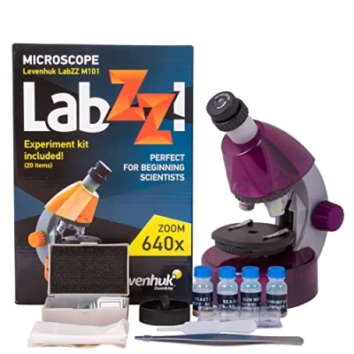 Abbildung von Levenhuk LabZZ M101 Amethyst 40x640x Lehrreich Mikroskop für Kinder und Wissenschaft Anfänger mit Mint Set, Anleitung Experimente, Proben, Werkzeugen Geschenkbox, in 5 Farben (EN)