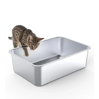 Abbildung von Edelstahl Katzenklo Offen, Geruchsfreie Fleckfreie Katzentoilette für Kleine &amp; Große Katzen, Katzenfestes Leicht zu Reinigen Metall Katzen Klo Litter Box mit Anti Rutsch Pads, 50x35x15cm