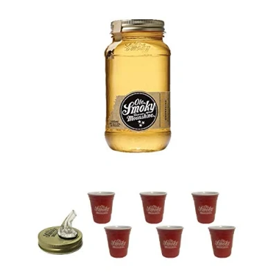 Abbildung von Ole Smoky Moonshine Butterscotch (40 proof) im 0,5 Liter Glas + Ausgiesser Shot Becher rot 2 Stück