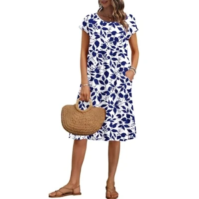 Abbildung von AUSELILY Damen Kurzarm Knielange Sommerkleider Sommer Lockeres Freizeitkleider Empire Kleider mit Taschen Marineblaue Blätter 3XL