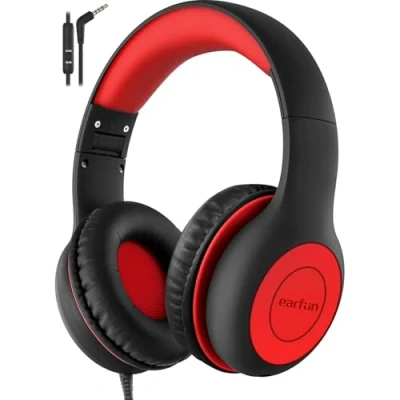 Abbildung von EarFun Kinder Kopfhörer, Kopfhörer mit Kabel, 85/94dB Lautstärkenbegrenzer, Faltbare, Einstellbar, Stereo Sound, HD Mikrofon, Audio Sharing, Over Ear Kinderkopfhörer für Schule/Reise/PC, Rot