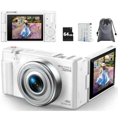 Abbildung von Digitalkamera 4K, 72MP 18X Autofokus Digitalzoom Digital Kamera, 2,8 Zoll 270 Klappbarer LCD Bildschirm HD Kompakte Vlog Kamera mit Akkus, 64GB Karte, Geeignet für Anfänger, Erwachsener