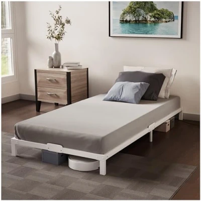 Abbildung von Dreamzie Bett 90x200 aus Metall Bettgestell 90 x 200 für Matratze Einzelbett, Höche 25 cm Robust, Leichte Montage, Umfangreicher Stauraum Weiß Lattenrost