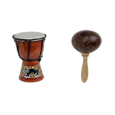 Abbildung von 20cm Kinder Djembe Trommel Bongo Drum Deko Bunt Elefant + Kokos Rassel Maraca R2