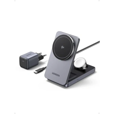 Abbildung von UGREEN MagFlow Qi2 zertifizierte 15W iPhone Ladestation, 3 in 1 Wireless Charger kompatibel mit MagSafe, für 16,16 Pro, AirPods, Smartwatch, Faltbarer magnetischer Ständer 30W Ladegerät
