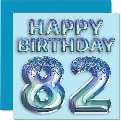 Abbildung von Stuff4 Geburtstagskarte zum 82. Geburtstag für Männer Blauer Glitzer Partyballon Happy Birthday Karten 82 Jahre alten Mann, Großvater, Vater, Oma, 145 mm x mm, alte