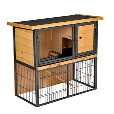 Abbildung von PawHut Hasenstall 2 Ebenen Kaninchenstall aus Vollholz Doppelstockhaus mit verschließbarer Tür 89,5 x 45 81 cm Kaninchenkäfig Kleintierstall für Hasen Kaninchen Hasenkäfig Outdoor Hellgelb