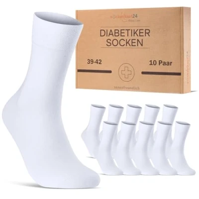 Abbildung von 10 Paar Diabetikersocken für Herren &amp; Damen ohne Gummibund Naht aus Baumwolle Diabetiker Socken mit Komfortbund Gummi 70208T (Weiß 39 42)