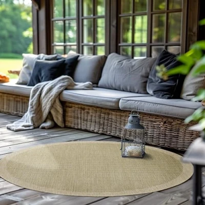 Abbildung von SIMPEX Outdoor Teppich Rund,Terrasse Balkon Garten Küchenteppich Einfarbiges Design Wetterfest Flachgewebe Sisal Look Waschbarer Teppich, Größe: 120 cm Rund, Farbe: Grün