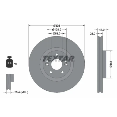Abbildung von TEXTAR 92157700 Bremsscheibe 308 28 05/07 108 außenbelüftet ohne Radbefestigungsbolzen, Radnabe RENAULT: LAGUNA 2 Grandtour,
