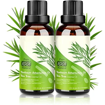 Abbildung von Teebaumöl 100% Pure Natürrein 2*30ML Teebaum öl Tea Tree Oil für Gesicht Shampoo Körper, Anti Pickel Öl Acne Serum Akne Behandlung gegen Unreine Haut Schuppen Mitesser, Diffuser Ätherische