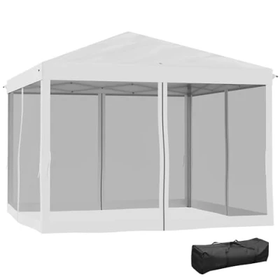 Abbildung von Outsunny Faltpavillon ca.3x3m, wasserabweisend, winterfest mit UV Schutz, 4 Seitenteilen, (Pop up Pavillon, Partyzelt), Tasche, für Camping, Garten, Cremeweiß