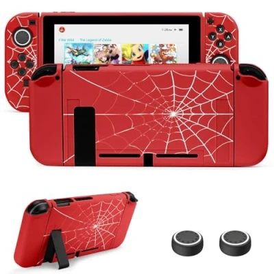 Abbildung von JINGDU Schutzhülle Kompatibel mit Switch 2017, TPU Case Zubehör für Console und Grip Joy Con, Protector 4 Daumengriffen, Rot Spinnennetz