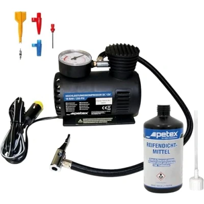 Abbildung von Petex 445100 Reifenpannenset inklusive Luftkompressor 12V, 18 bar, 3 Teilig Adapterset und Reifendichtmittel Einfülldeckel, Ventilausdreher mit Flügel, Ersatzventil
