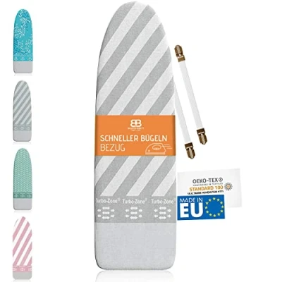 Abbildung von Buntes Brett ® Bügeltischbezug für Dampfbügeleisen (Größe L) Universal bis zu max. 140x50 cm zum einfachen Bügeln von Kleidung Made in EU Geeignet Dampfbügelstation Grau