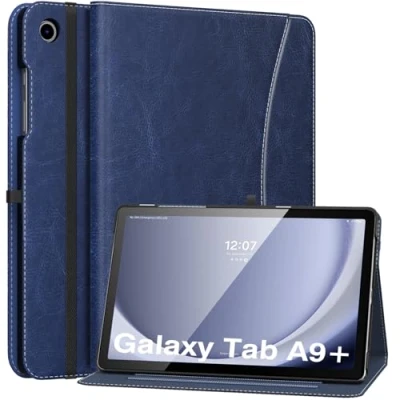 Abbildung von MoKo Hülle für Samsung Galaxy Tab A9 Plus 11 Zoll 2023 (SM X210/SM X216/SM X218), PU Leder Mehrere Winkel mit Handschlaufe, Fronttasche Auto Schlaf/Aufwach Funktion, Marine Blau