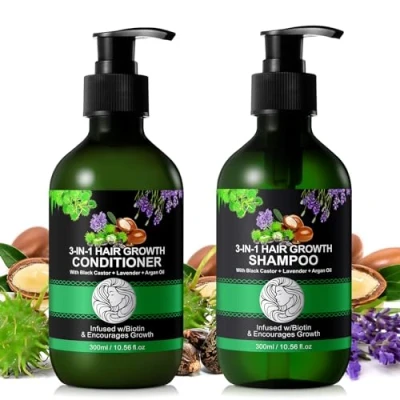 Abbildung von 3 in 1 Shampoo und Conditioner Set 10,56 x 2 fl oz aus schwarzem Rizinus Lavendel Arganöl für Haarwachstum, sulfatfrei, gegen Haarausfall Männer Frauen (#1)