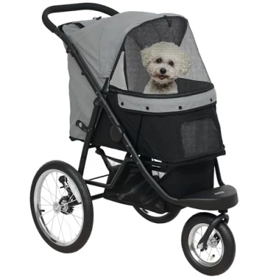 Abbildung von PawHut Hundewagen Jogger Hundebuggy klappbar für kleine Hunde &amp; Katzen bis 10 kg Katzenbuggy mit 3 große Gummiräder, Kissen Netzfenstern Aufbewahrungskorb Katzenwagen Sicherheitsleinen, Grau