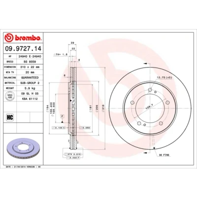 Abbildung von BREMBO 09.9727.14 Bremsscheibe 310 22 5 innenbelüftet SUZUKI: Grand Vitara 1 SUV, 2 SUV