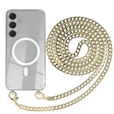 Abbildung von EAZY CASE Handykette kompatibel mit Samsung Galaxy S24 Plus Kette zum Umhängen Stoßfest Handyhülle für Silikon Hülle Band aus Metall Handytasche Transparent Fallschutz in Gold