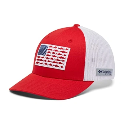 Abbildung von Columbia Unisex PFG Fischflaggen Ballkappe, roter Funken/Weiß/US Fisch, Größe S/M