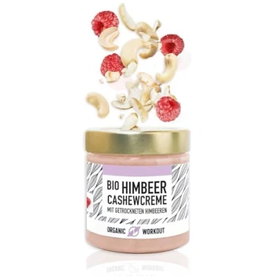Abbildung von BIO BERRY CASHEWMUS mit Himbeere Vanille Aroma 3x190g vegan lower carb ohne Zuckerzusatz Erythrit Weisse Schokolade Organic Workout