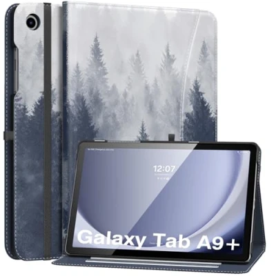 Abbildung von MoKo Hülle für Samsung Galaxy Tab A9 Plus 11 Zoll 2023 (SM X210/SM X216/SM X218), PU Leder Mehrere Winkel mit Handschlaufe, Fronttasche Auto Schlaf/Aufwach Funktion, Grauer Wald