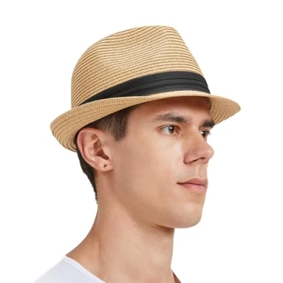 Abbildung von Zylioo L Trilby Fedora Strohhut für Großen Kopf,Stroh Sonnenhut Herren mit Roll UP Krempe,UV Schutz Sommerhut Strandhut