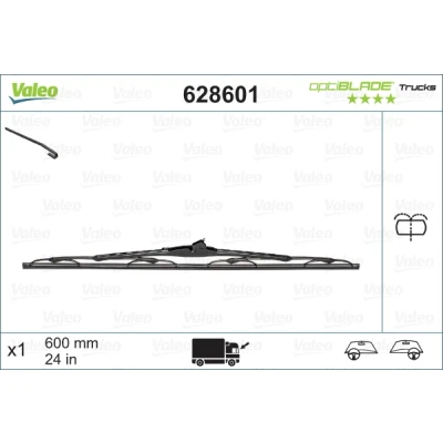 Abbildung von Scheibenwischer Valeo Optiblade Trucks 628601 600mm beidseitig Standard Hakenbefestigung mit integrierter Waschwasserdüse RENAULT: MASTER 2 Kasten