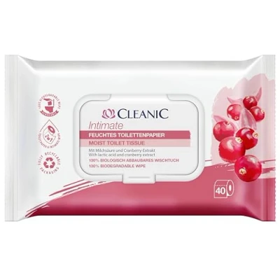 Abbildung von Cleanic Intimate Feucht Toilettenpapier spülbar Kombination aus Feuchtpapier und Feuchttuch reinigt erfrischt den Intimbereich Cranberry Extrakt Präbiotikum 40 Stück