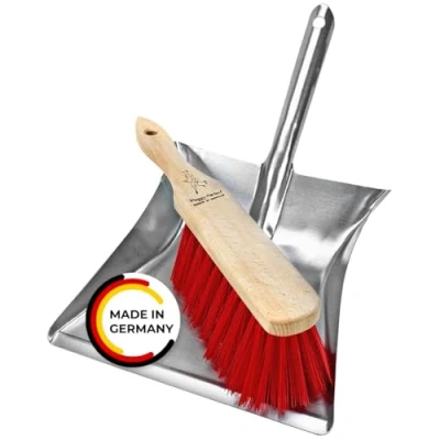 Abbildung von Kehrgarnitur Kehrset mit Buchenholz Handbesen und verzinkter Metallschaufel. Widerstandsfähiges praktisches Industrie Gartenkehrset roten Elastonborsten