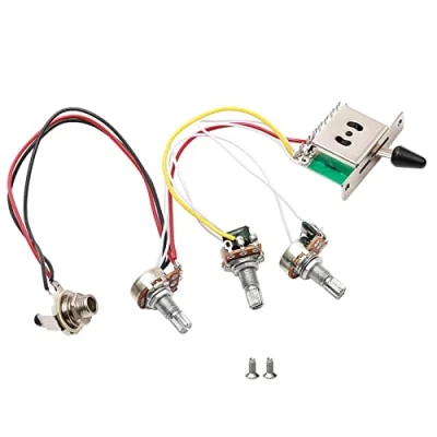Abbildung von Kabelbaum für Strat Gitarre, vorverdrahtet, 3 x 500 K Potentiometer, 1 Lautstärkeregler, 2 Klangregler, 5 Wege Schalter