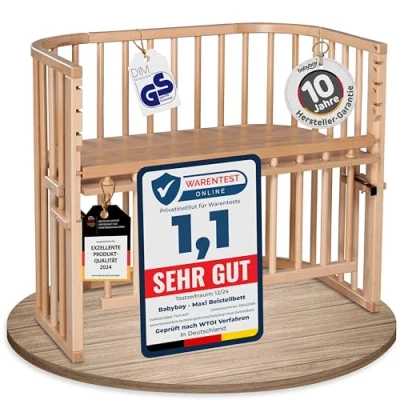 Abbildung von babybay Maxi Comfort Plus Beistellbett &amp; Stubenwagen aus massivem Buchenholz / Zustellbett mit Verschlussgitter stufenlos verstellbar umweltfreundlich mitwachsendes Babybett (natur lackiert)
