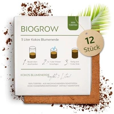 Abbildung von Bio Kokoserde gepresst im Quellbeutel Biologisch abbaubare, torffreie Anzuchterde aus 100% Kokosfasern (3 Liter, 12 Stück)