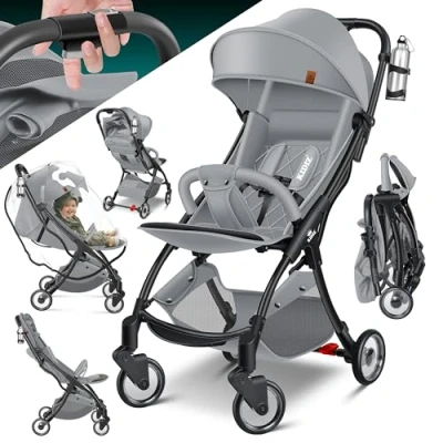 Abbildung von KIDIZ® Kinderwagen Premium Kinderbuggy klappbar Liegebuggy Sportwagen Faltbar 360Räder 5 Punkt Gurt Inkl. Getränkehalter &amp; Regenabdeckung, verstellbare Rückenlehne Sonnenverdeck Grau