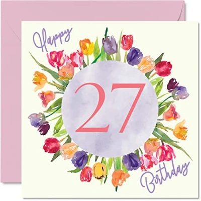 Abbildung von schöne Geburtstagskarten zum 27. Geburtstag für Frauen Aquarell Tulpen Blumen Bouquet Karte Ihre Tochter Tante Schwester Freund Geburtstagsgeschenke 145 mm florale Grußkarten Geschenk