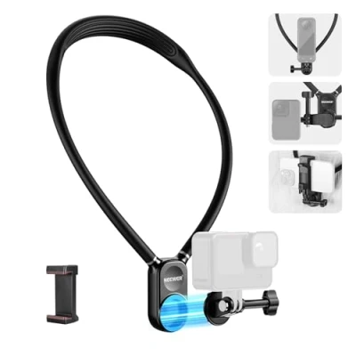 Abbildung von NEEWER Magnetische Halshalterung kompatibel mit GoPro Hero 13 12 11 10 Max DJI Action 4 Insta360 iPhone 16 Pro Samsung S23, flexible POV Kamera Halshalterungsadapter und Telefonhalter, GP15