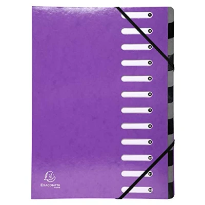 Abbildung von Exacompta 53926E Premium Ordnungsmappe Iderama. Aus beschichtetem Colorspan Karton DIN A4 12 vollfarbige Fächer, dehnbarer Rücken und 2 Gummizüge mit Indexfenstern Register Mappe violett