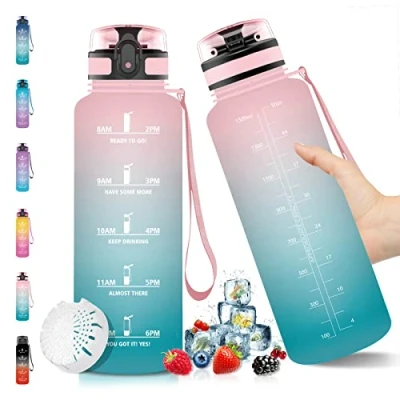 Abbildung von Vikaster Trinkflasche Sport, 1.5 Liter, Kohlensäure Geeignet, Wasserflasche mit Zeitmarkierungen&amp;Filter, Große Sportflasche für Outdoor, Camping, Fitnessstudio, Fitness, Schwarz/Rot Farbverlauf