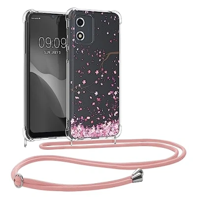 Abbildung von kwmobile Necklace Case kompatibel mit Motorola Moto E13 Hülle Silikon Cover Handykette Rosa Dunkelbraun Transparent Kirschblütenblätter