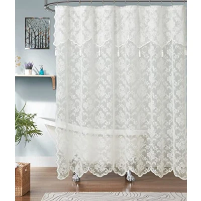 Abbildung von ASATEX Elfenbeinfarbener Duschvorhang mit Spitze, 183 x 213 cm, klassisches Blumendesign, Badvorhang angenähtem Volant und Quasten. Günstige Duschvorhänge lassen jedes Badezimmer gehoben aussehen.