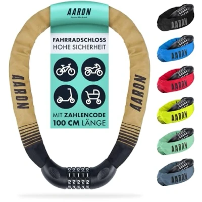 Abbildung von AARON Lock One Fahrradschloss mit 5 stelligem Zahlencode, Kettenschloss aus Stahl und hoher Sicherheitsstufe Schloss für E Bike, Mountainbike, Trekkingrad, Tourenrad, Rennrad in sand
