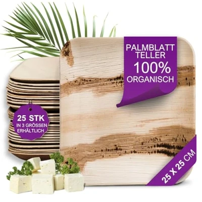 Abbildung von Waipur Bio Palmblatt Teller 25 Stück groß eckig 25x25 cm Premium Einweggeschirr kompostierbar Umweltfreundliches Geschirr ähnl. Bambus Einweg