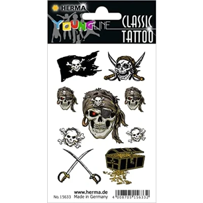 Abbildung von HERMA 15633 Temporäre Tattoos Totenkopf, 9 Stück, Klebetattoos zum Aufkleben, Fake Aufkleber mit Piraten Piratenflagge Motiv, Kindertattoos Sticker für Fasching Karneval Kinder Erwachsene