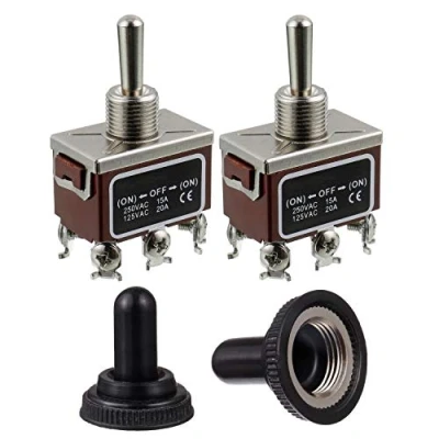 Abbildung von BOJACK RT1322FS Kippschalter 125 V 20 A automatische Rückstellschalter 250 15 DPDT EIN AUS 6 Klemmenstift Wippschalter mit wasserdichter Metallkappe (Packung 2 Stück)