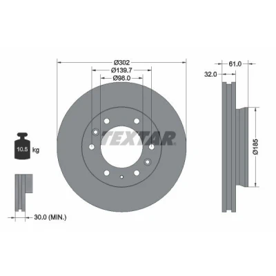 Abbildung von TEXTAR PRO 92253403 Bremsscheibe 302 32 06/09 139,7 innenbelüftet beschichtet ohne Radbefestigungsbolzen, Radnabe FORD: Ranger Mk3