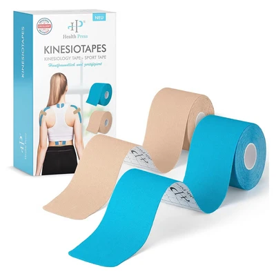Abbildung von Health Press® Kinesiotapes Rollen Blau + Hautfarben 5cm 2 St