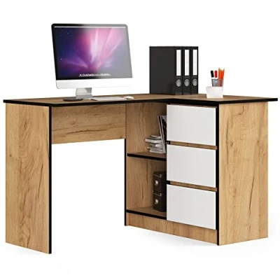 Abbildung von AKORD Eck Schreibtisch B 16 mit 3 Schubladen und 2 Ablagen ecktisch für Home Office Einfache Montage Handwerk Eiche &amp; Weiß Front